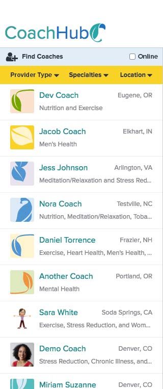 list of coaches with location, specialty, and
        provider type filters